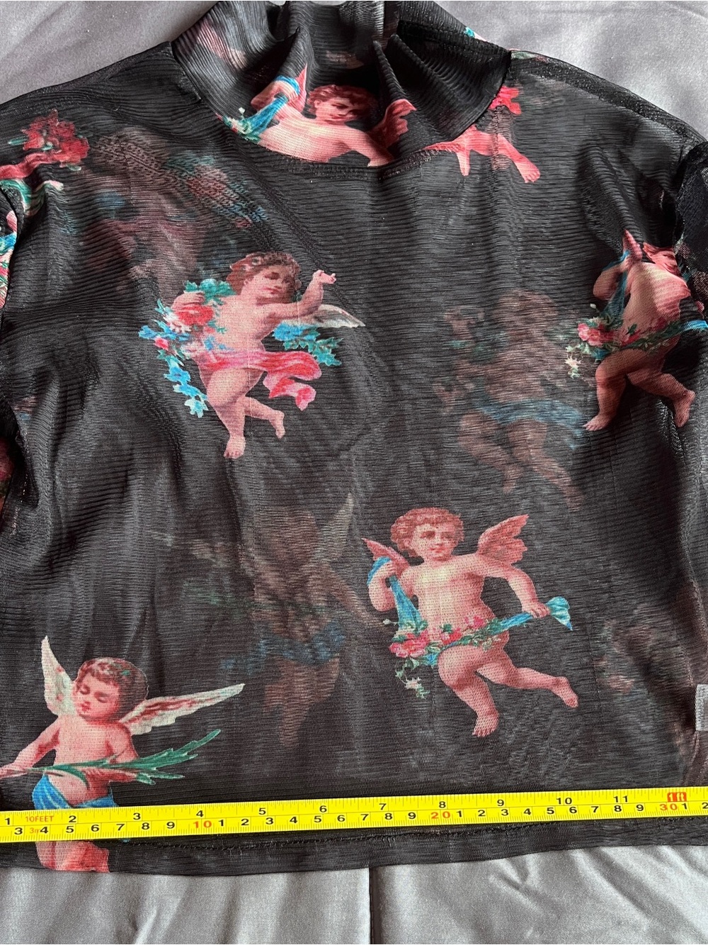Source Unknown Black Sheer Mesh Crop Top with Pink Cherub Motif - Picture 4 of 8